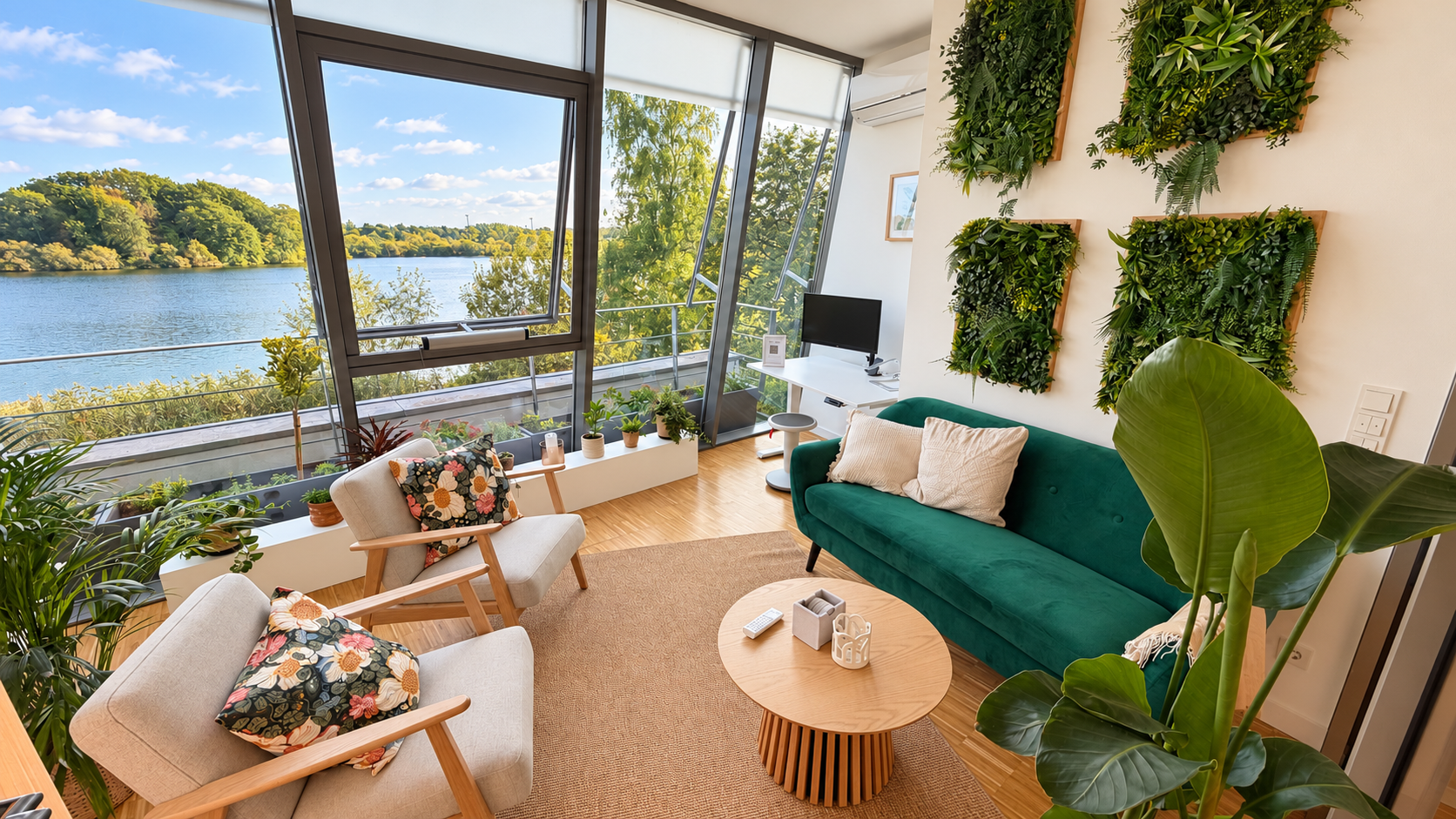 Wohnlicher Therapieraum mit grünem Sofa, hellen Sesseln, Pflanzen und weitem Blick auf den Schulensee